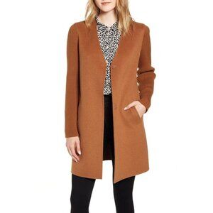 Kenneth Cole New York Knit Sleeve Double Face Brown Waist Tie Wool Blend Coat